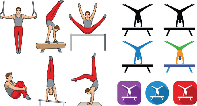 Male Gymnast Performing Various Gymnastics Exercises &ndash; Vector Icon Set with Pommel Horse, Rings, Parallel Bars, and Balance Beam