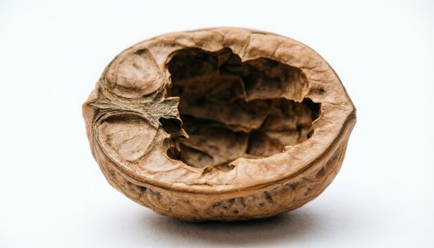 Close up view of an empty walnut shell isolated on a plain white background