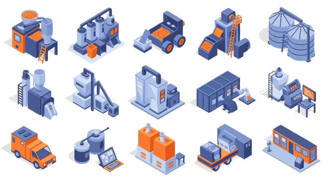 Isometric industrial machinery and equipment set, including manufacturing machines, silos, vehicles, and containers.