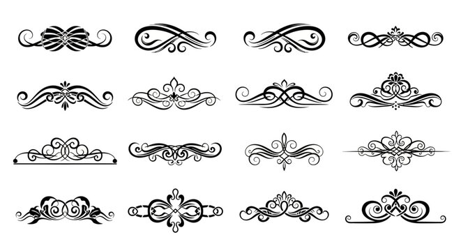 A diverse collection of elegant black vintage calligraphic ornate dividers and decorative page rules for sophisticated design elements.