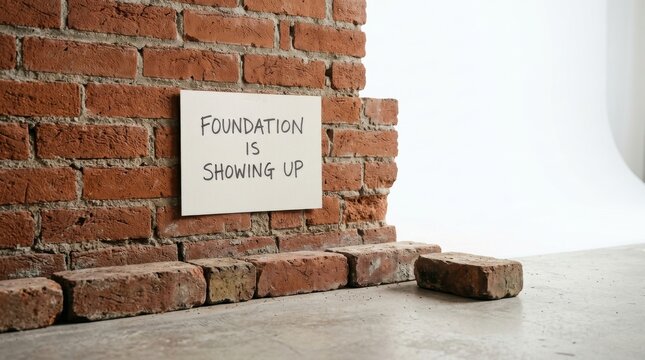 Brick wall with sign saying foundation is showing up