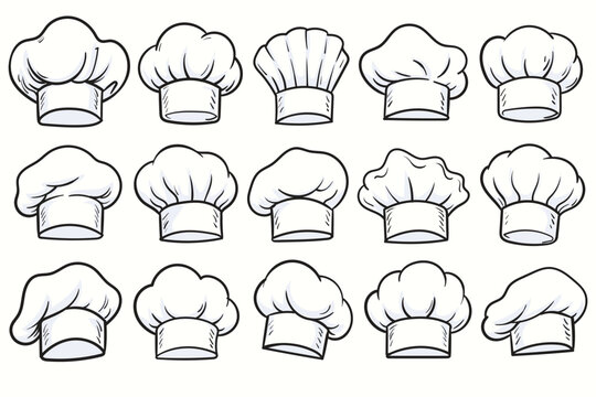 Hand drawn Chef hat outline set, cooking and bakery uniform toque icons collection, hand drawn vector illustration