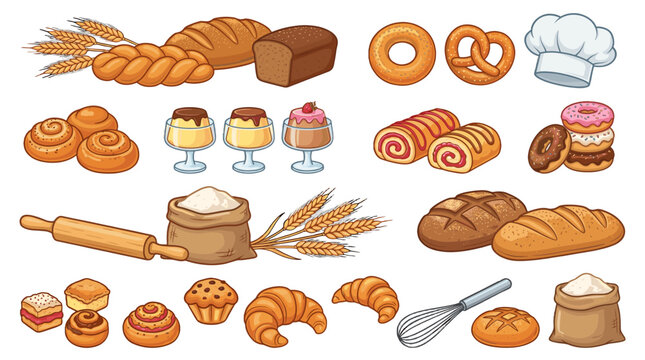Bakery food and baking tools cartoon vector set
