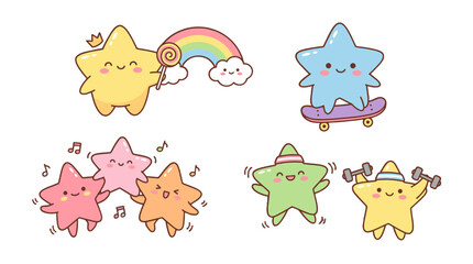Cute cartoon star characters with rainbow, skateboard and workout © icon_art