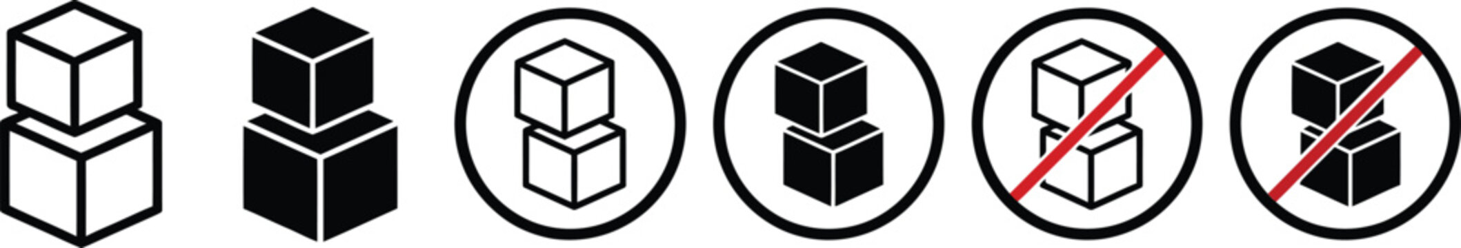 Set of stackable cube icons in various styles including outline solid and prohibition signs for design and infographics vector illustration.