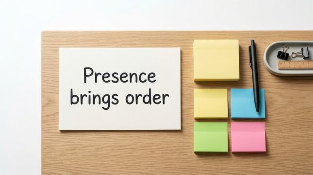 Card with text Presence brings order next to sticky notes