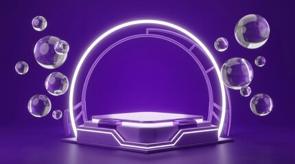 Futuristic Purple Podium with Neon Arch and Floating Bubbles for Product Display.