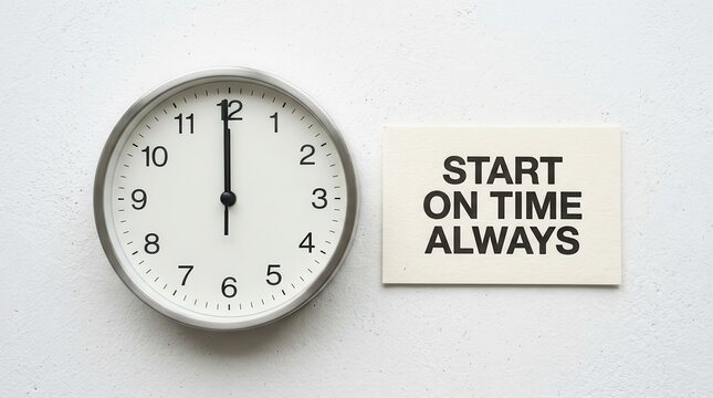 Clock face and text on wall start on time always