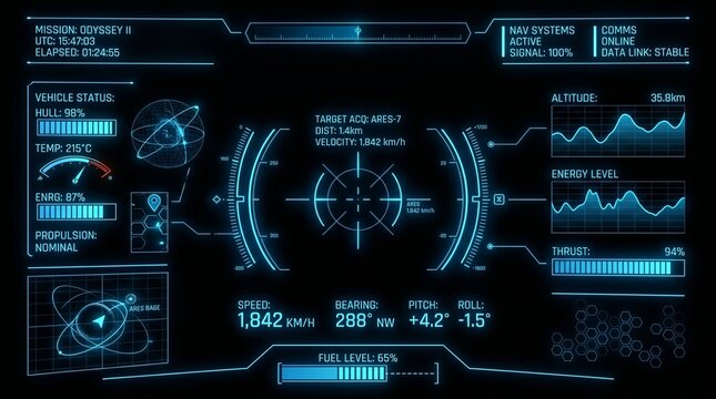 Futuristic spaceship cockpit HUD interface with digital data graphs and target radar