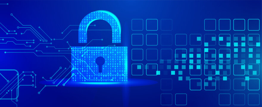 Abstract digital padlock with binary code on a circuit board background, representing cybersecurity, data protection, and secure network technology. Blue futuristic illustration.