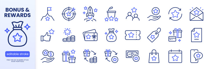 Naklejka premium Bonus line icon set. Benefit gift, exclusive reward, star VIP award, ticket minimal vector illustrations. Simple outline signs, loyalty premium membership program. Blue duotone color. Editable Stroke.