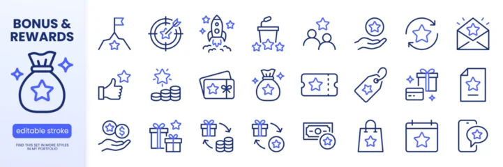 Fototapeten Pony Bonus line icon set. Benefit gift, exclusive reward, star VIP award, ticket minimal vector illustrations. Simple outline signs, loyalty premium membership program. Blue duotone color. Editable Stroke.  © nadiinko
