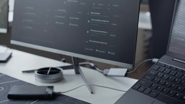 Tilt up shot of computer monitor displaying software development dashboard on office desk. Footage serves well for tech startups, cybersecurity, cloud infrastructure marketing