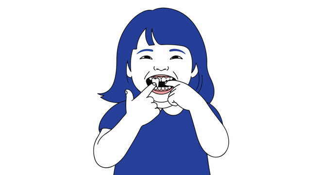 Young child smiling, pointing at a loose tooth