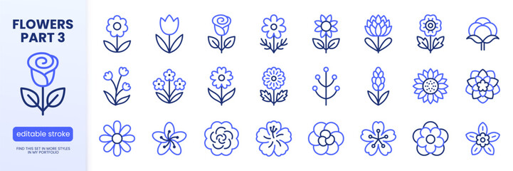 Fototapeta premium Flowers line icon set. Rose, tulip, sunflower, lotus, chamomile, lavender minimal vector illustrations. Simple outline signs for floral design. Blue duotone color. Editable Stroke.
