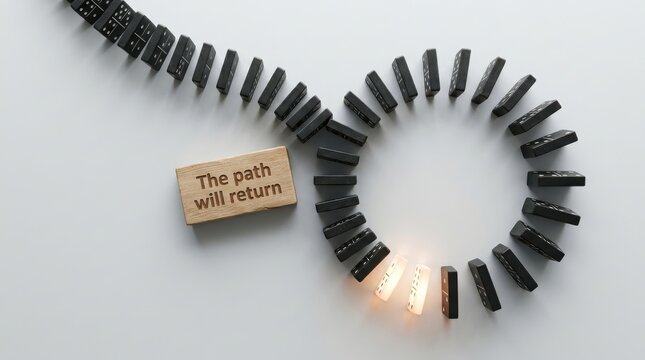 Dominoes forming a branching path with a return message