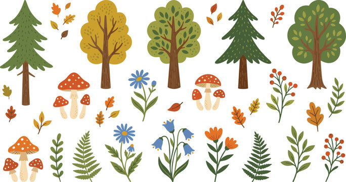 Cute Flat Style Forest Nature Vector Set with Trees, Mushrooms, Wildflowers, Ferns, and Autumn Leaves