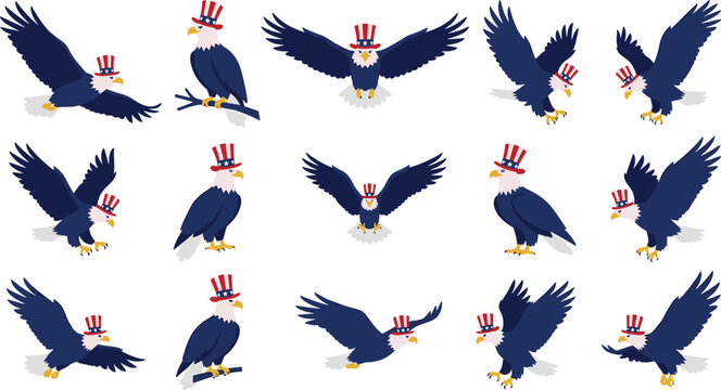 Cute Patriotic American Bald Eagle with Uncle Sam Hat Vector Set in Various Flying and Action Poses