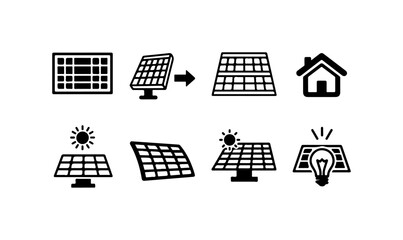 Naklejka premium Solar panel icons, renewable energy symbols, eco friendly power illustrations, sustainable electricity set