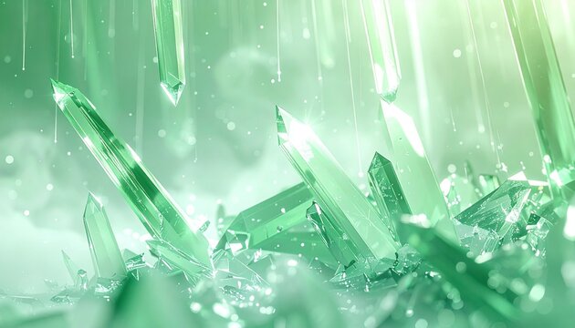 明るい光の中で薄緑色の美しいクリスタルの結晶が幻想的に浮遊する背景イラスト素材