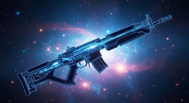 Futuristic Rifle in Space Background with Neon Lights