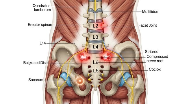 Detailed anatomical illustration of the lower human back and lumbar spine