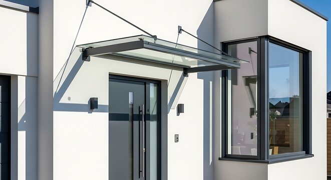 Modern glass canopy over a contemporary house entrance door