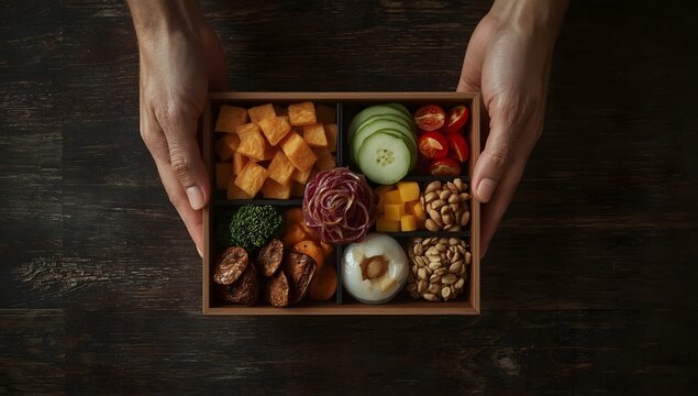 Hands holding a colorful bento box filled with healthy food options