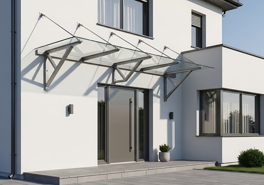 Modern glass entrance canopy with stainless steel brackets over a house door