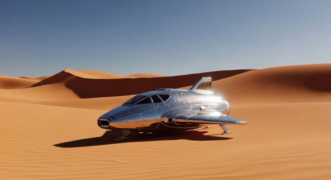 A sleek metallic spacecraft rests on expansive orange sand dunes under a clear sky, reflecting the harsh sunlight of a barren alien planet, galactic, metallic, voyage