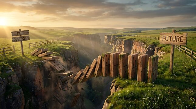 3D illustration of a collapsing domino bridge over a canyon between past obstacles and future success