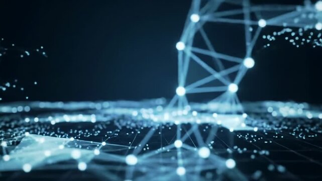 A wide-angle video captures subtly glowing particles forming intricate geometric patterns on a deep dark, infinite background with bokeh. Pulsating light flows like digital current, conveying