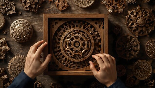 Hands carefully placing intricate wooden mandala art into a frame