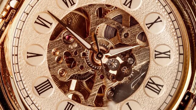 Close up view of working clock mechanism, golden gears, and roman numerals, showcasing precision and intricate engineering of time.