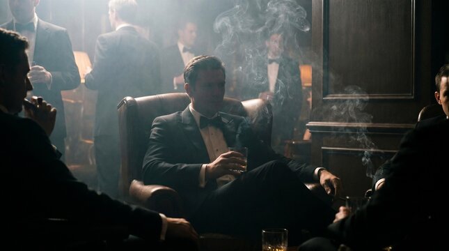 Elegant men in classic black tuxedos relaxing in leather armchairs inside a dark smoky lounge club. Luxury gentleman lifestyle with glass of whiskey, cigar smoking, and business talk