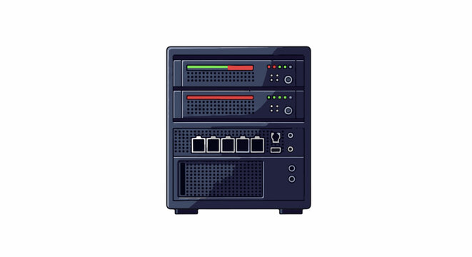 A large computer server with red and green lights on the front panel