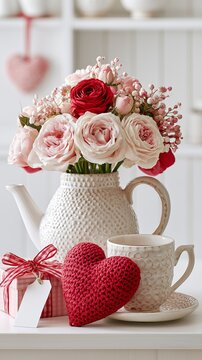 Romantic Valentine Floral Arrangement with Roses, Handmade Heart and Gift Box for Love Celebration, Romantic Valentine Floral Arrangement for Wedding, Anniversary, Mothers Day and Heartfelt Lifestyle 