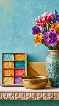 Colorful Floral Home Decor with Vibrant Flower Arrangement and Artistic Textured Palette, Colorful Floral Home Decor for Creative Interior Styling, Bohemian Living Space and Contemporary Design 