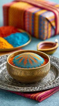 Colorful Festival Powder Bowl with Vibrant Pigments and Traditional Cultural Celebration Decor Colorful Festival Powder Bowl for Holi Festival Cultural Heritage Events and Joyful Community Celebration