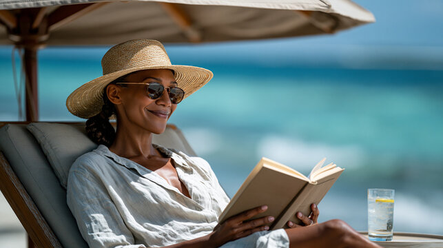 A realistic commercial stock photo of a relaxed female reader enjoying a book on a peaceful beach, woman in her early 30s, dark skin tone, braided ponytail, wearing a straw sun hat