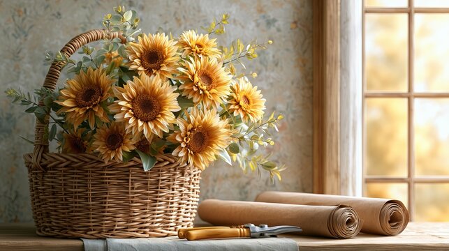 Rustic Sunflower Basket Arrangement by Window with Vintage Gardening Tools and Cozy Farmhouse Decor, Rustic Sunflower Basket Arrangement for Autumn Home Styling