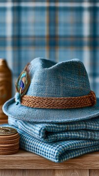 Traditional Bavarian Alpine Hat with Blue Checkered Textile and Rustic Heritage Styling, Traditional Bavarian Alpine Hat for Oktoberfest Fashion, German Cultural Identity and Authentic Folk Costume 