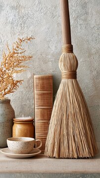 Witch broom decoration beside spellbook, Rustic Straw Broom Decor with Natural Fiber Craftsmanship and Minimalist Farmhouse Interior Styling, Rustic Straw Broom Decor for Sustainable Home Living