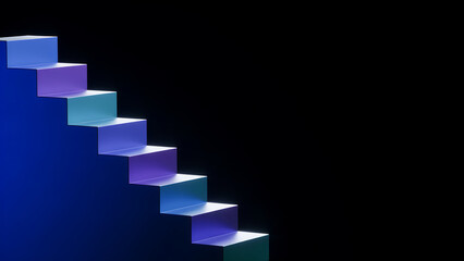 Obraz premium A 3d illustration of a staircase with glowing blue and purple steps on a dark background, showcasing a modern and futuristic design element