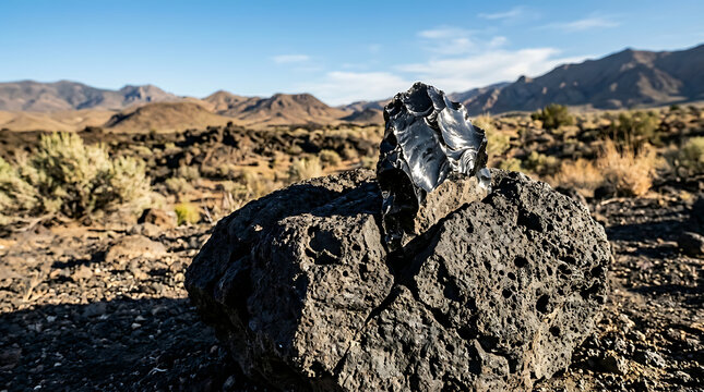 Sharp obsidian volcanic glass shard resting on rough basalt rock in arid mountain landscape under blue sky