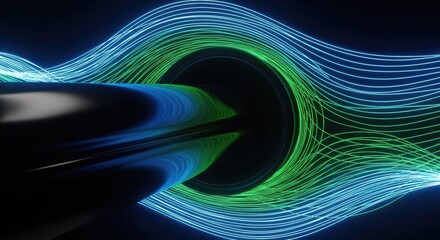 Fototapeta premium An immersive abstract background with glowing blue and green neon trails moving through a deep black digital pipe in a cybernetic space, speed, fiction, data