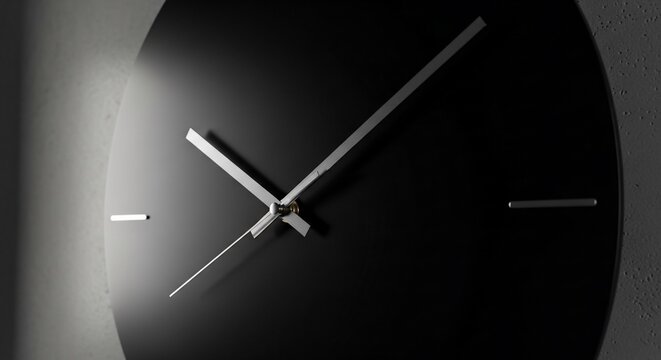 Close-up of modern clock face with silver hands and numbers on black background