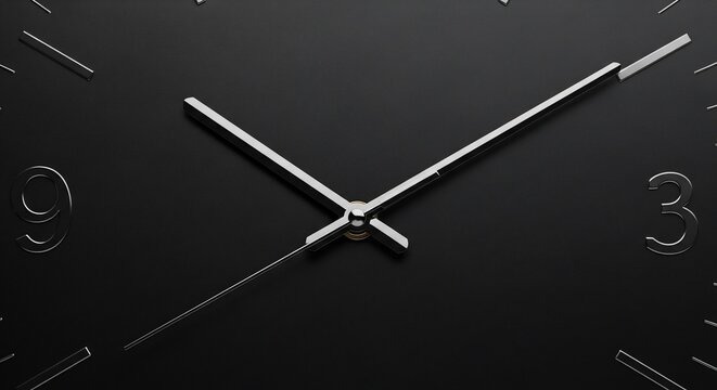 Close-up of modern clock face with silver hands on dark background