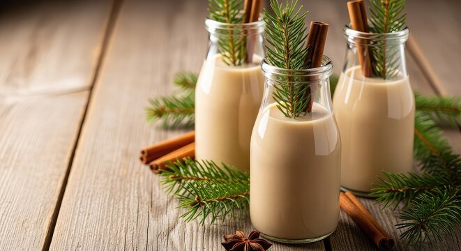 Creamy holiday coquito served in elegant glass bottles with cinnamon sticks and fresh pine needles on a rustic winter wooden table setting, beverage, snowy, delicious