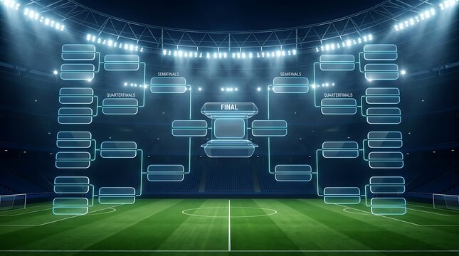 Futuristic glowing neon tournament bracket floating over a modern soccer stadium pitch representing sports competition playoffs
